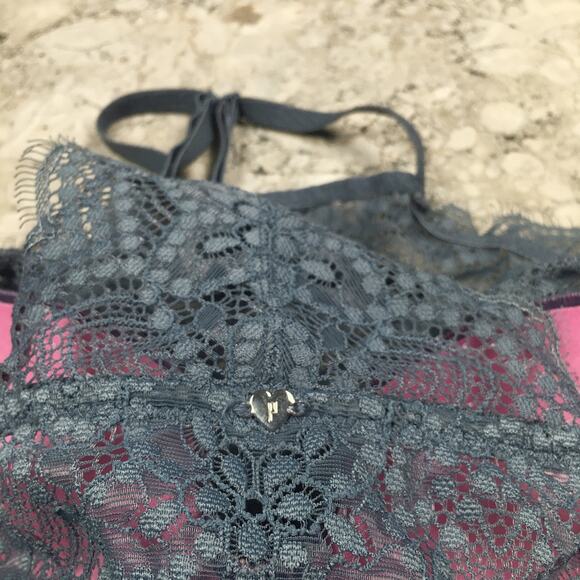 PINK Victoria’s Secret Eyelash Lace High Neck Racerback Push Up Bralette Blue - Picture 8 of 16